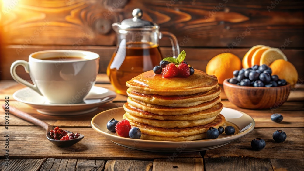 Poster a stack of golden pancakes with a drizzle of maple syrup and fresh blueberries and raspberries, a wa