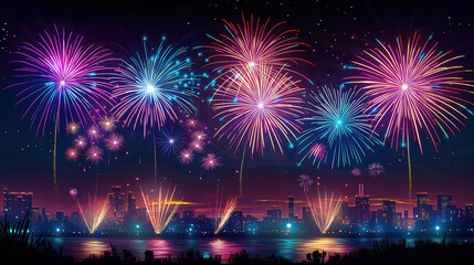 Obraz premium Firework Vector Graphic In Multi Colors, Illustration Art Of Fireworks, Holiday Season, Kids, Copy Space