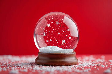 Festive snow globe on red background with falling snowflakes