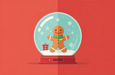 Festive gingerbread man snow globe with snowflakes on red background