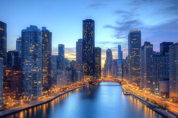 Fototapeta premium City Skyline at Dusk with Illuminated Buildings and Vibrant Sky over Green Park Area Representing Urban Lifestyle and Modern Architecture