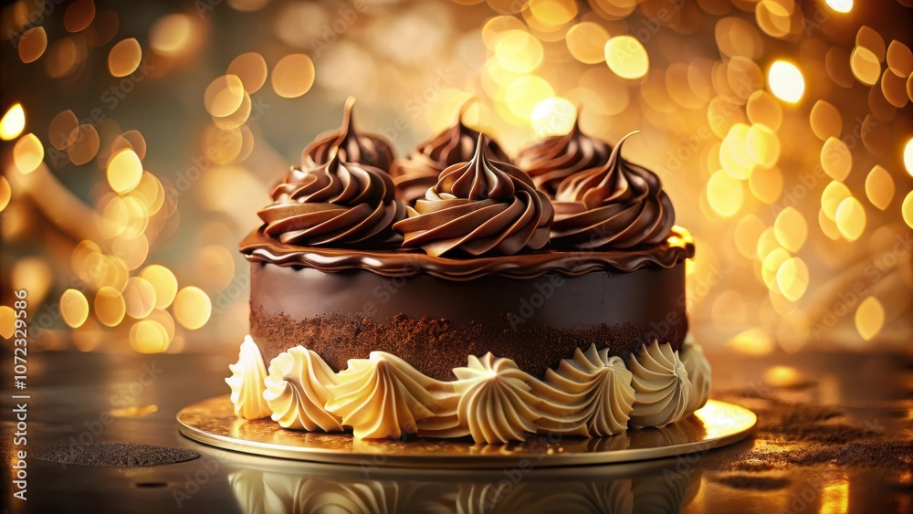 Poster a decadent chocolate cake with intricate swirls of frosting and a golden sheen, illuminated by a war