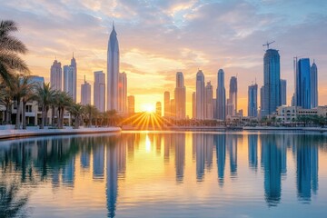 Obraz premium Cityscape at Sunrise with Skyscrapers Reflecting in Calm Water, Highlighting Urban Beauty and Modern Architecture