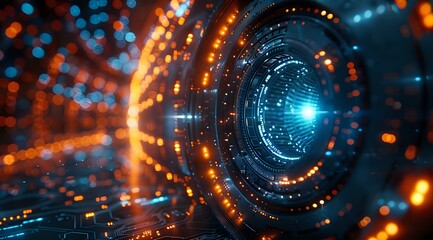 A futuristic visualization of a glowing blue and orange digital tunnel, symbolizing data flow, technology, and innovation. Perfect for tech, AI, and cyber-themed projects.