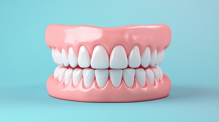 Obraz premium 3D white teeth against a soft blue gradient, ideal for dental care ads, with clear space for messaging.