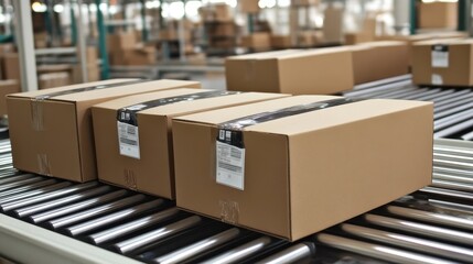 Boxes stacked on a conveyor belt in a packaging