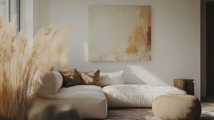 A cozy living room featuring neutral tones, plush couches, and warm decor.