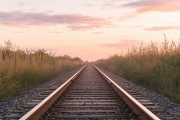 train tracks extending into the distance, with the rails vanishing into the horizon