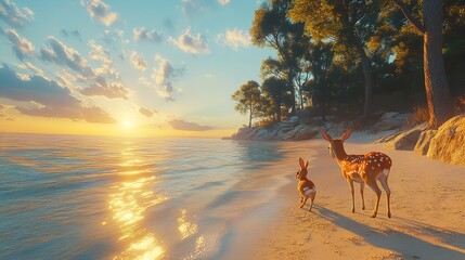 Deer and Bunny Playing on the Sandy Beach