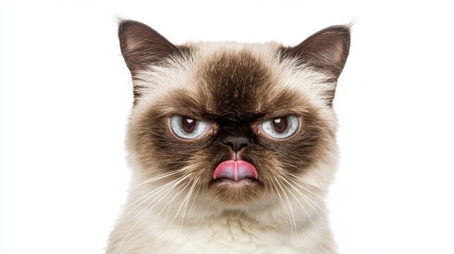 A cat with a grumpy expression sticks out its tongue, showcasing its distinct features and playful attitude.