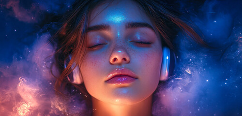Dreamy Teen in Fantasy Moonlit Sky with Earphones, Immersed in Music and Daydreaming