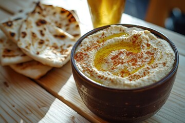 Creamy Hummus with Olive Oil Drizzle and Paprika, Served with Grilled Flatbread, Perfect for Concepts of Mediterranean Cuisine, Vegan Food, and Healthy Snacking