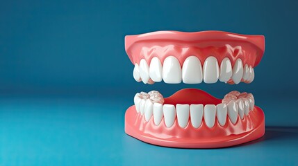 Fototapeta premium 3D image of white teeth on blue, ideal for dental care concepts with copy space for healthcare promotions.