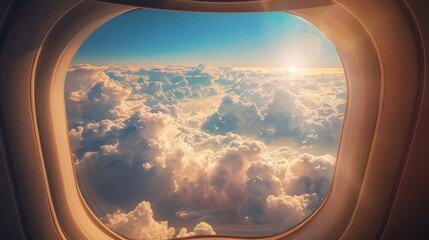 Naklejka premium Stunning aerial view from airplane window blue sky and fluffy clouds framed by wing adventure