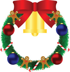 Christmas Wreath With Red Ribbon Christmas Balls Candy Cane and Gingerbread Man