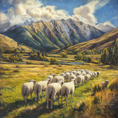 Obraz premium A flock of sheep walk along a grassy path towards a valley with snow-capped mountains and a river.
