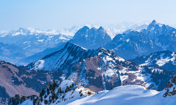 View on winter mpuntains from Rochers-de-Naye peak, Montreux, Alps.