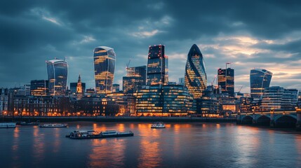 Fototapeta premium Urban Harmony, a skyline showcasing a blend of modern and classic architecture, bathed in the enchanting glow of twilight, capturing the essence of a vibrant city.