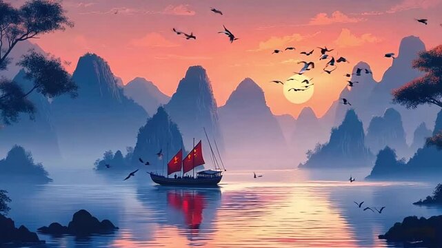 Traditional chinese junk boat with red sails is sailing on a lake surrounded by mountains at sunset, celebrating national day china. Birds are flying in the scenic sky as a symbol of freedom