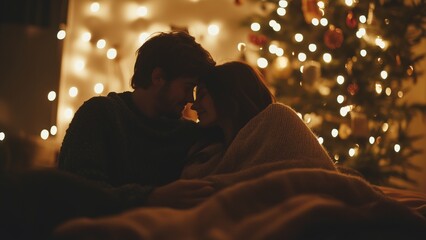 Fototapeta premium Romantic couple enjoying a quiet Christmas side by side, sharing smiles and warmth