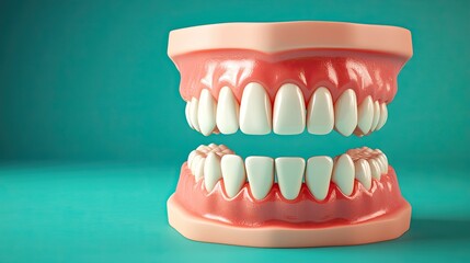 Obraz premium Bright 3D model of teeth against blue background, representing dental health with open space for text.
