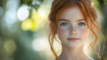 Naklejka premium Close-up of a joyful twelve-year-old girl with striking red hair and cute freckles, posing with a vibrant nature bokeh backdrop, embodying the innocence and charm of childhood