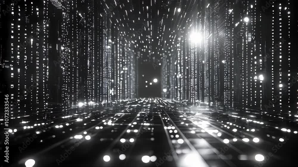 Poster abstract digital tunnel with streaming white binary code, creating a futuristic and high-tech atmosp