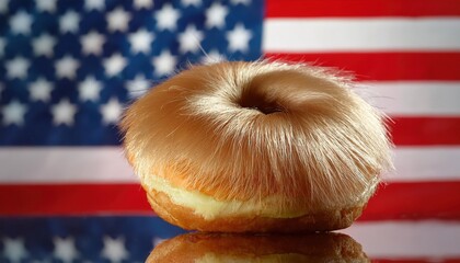 Whimsical Desserts: Donut with Unique Hair Design Against American Flag