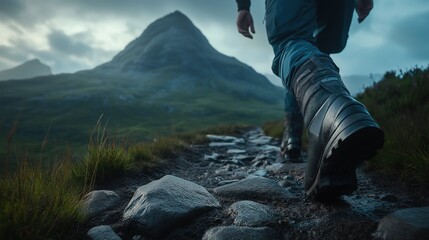 Hiker Walking Through Scenic Mountain Landscape with Majestic Peaks in the Background