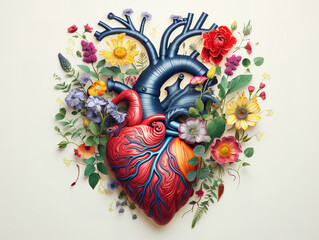 Floral Composition Featuring a Beautiful Anatomic Heart with Leaves for Greeting Cards