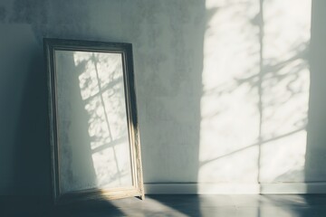 Sunlight shining in on a mirror standing up against a white wall 