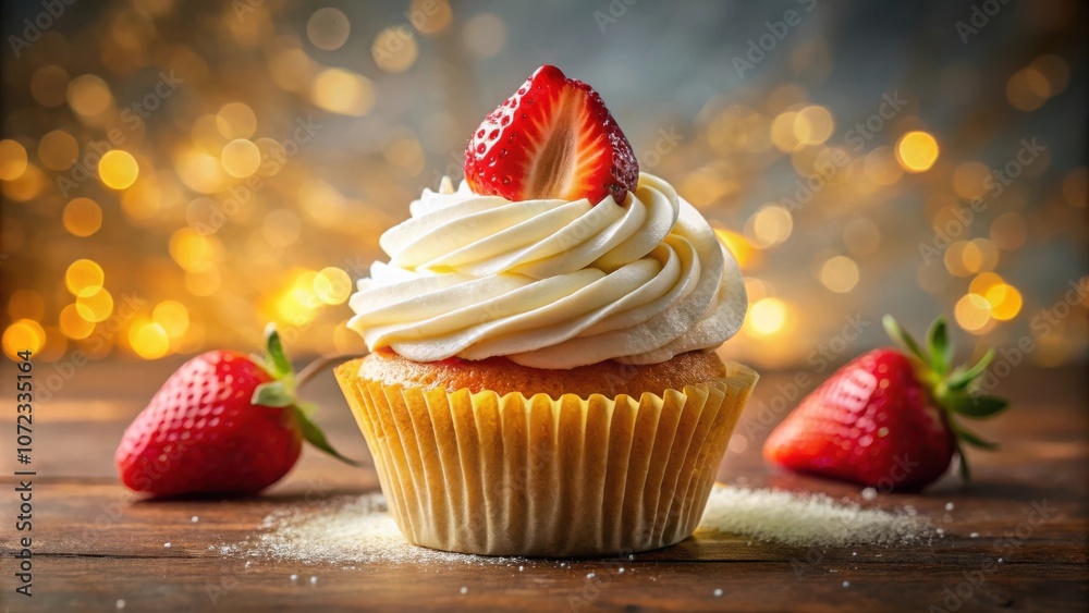 Poster a creamy vanilla cupcake topped with a fresh strawberry and a sprinkle of powdered sugar on a wooden