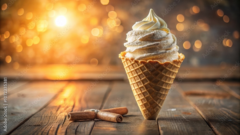Poster a crispy waffle cone filled with soft serve ice cream, resting on a rustic wooden surface with cinna