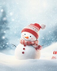 Cute snowman wearing a red winter hat, scarf, and plaid jacket, set against a snowy backdrop, festive decoration, holiday cheer, winter character