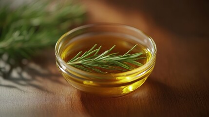 Fresh Olive Oil in Glass Bowl with Green Rosemary Branches