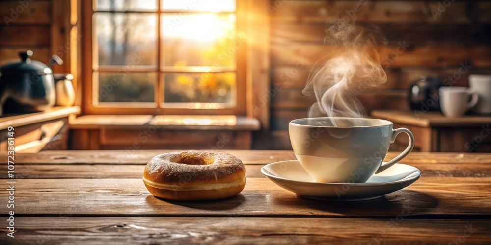 Aufkleber warm, steaming coffee and a glazed doughnut on a rustic wooden table with a sunlit window in the bac