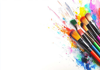 Art supplies, brushes and colored pencils on a white background with colorful splashes of color representing creativity in art for kids, school or studio, banner design.