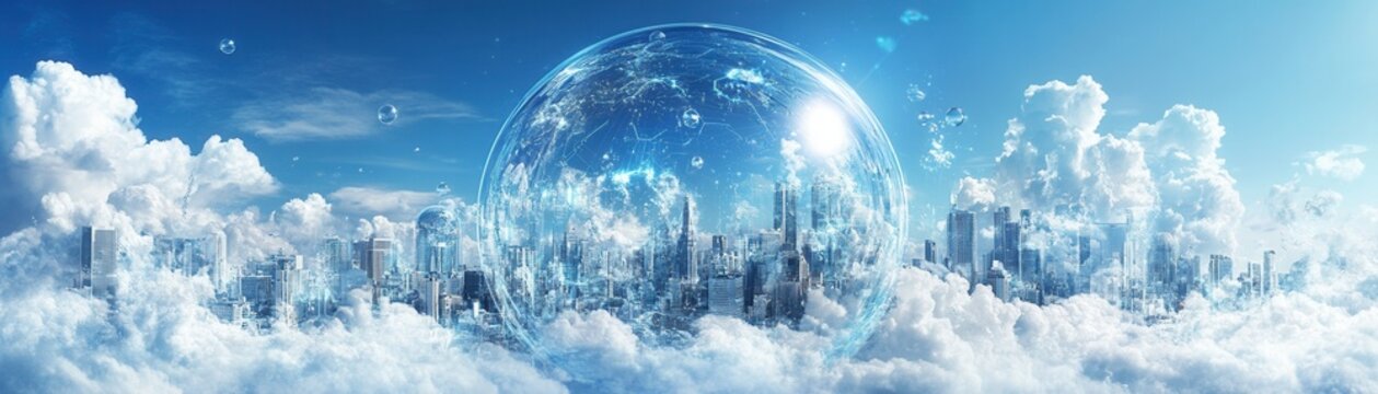 A futuristic city surrounded by clouds, showcasing advanced architecture and a bubbly atmosphere under a clear blue sky.