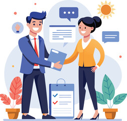 People shaking hands at work - Two businesspeople, man and woman doing handshake in office at work while smiling over business agreement and deal. Flat design stock illustration on white background