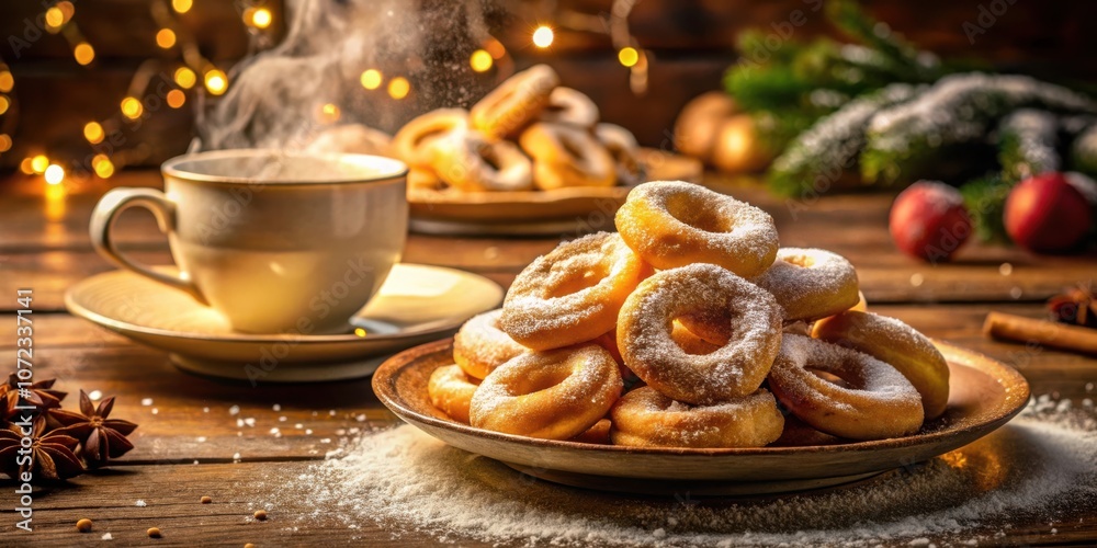 Poster a warm cup of tea with a dusting of powdered sugar next to a stack of freshly fried donuts, ready to