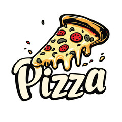A fun and vibrant vector design featuring a delicious pizza slice with melted cheese and colorful toppings