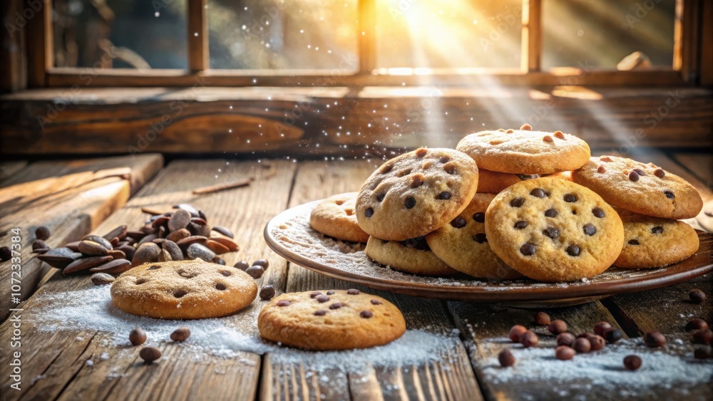 Poster golden brown chocolate chip cookies on a rustic wooden table with a sunbeam shining through a window