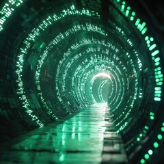 Futuristic Digital Tunnel with Flowing Green Binary Code