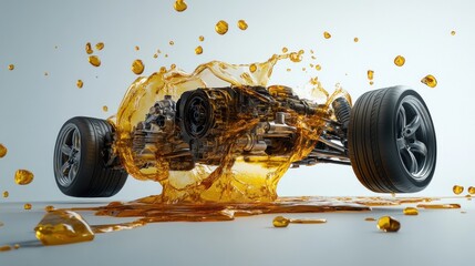 Fototapeta premium Car Engine Immersed in Golden Oil