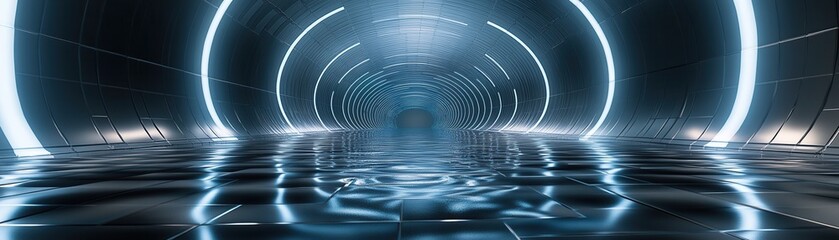 A futuristic tunnel with glowing blue lights and a reflective water surface, creating a serene yet high-tech atmosphere.