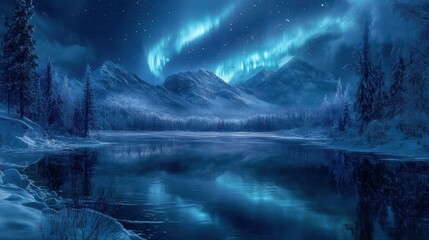 Dark winter night snow covered landscape, northern lights in the sky reflecting on the lake