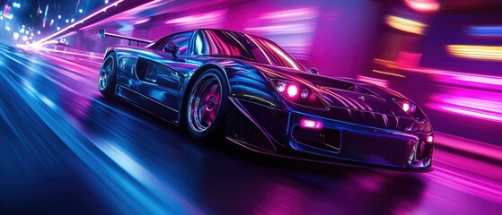 A sleek sports car races through a neon-lit tunnel.