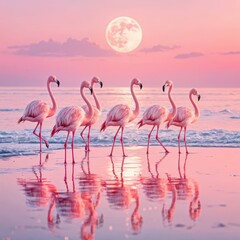 Fototapeta premium Pink flamingos stand gracefully along a beach, reflected in the calm water as a full pink moon rises in the pastel sky 