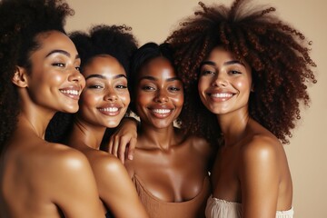 Fototapeta premium Group of happy women embracing friendship and joy with natural beauty and radiant smiles.
