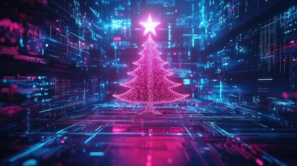 Futuristic pink Christmas tree with star on a digital background, illuminating the scene with neon glow.